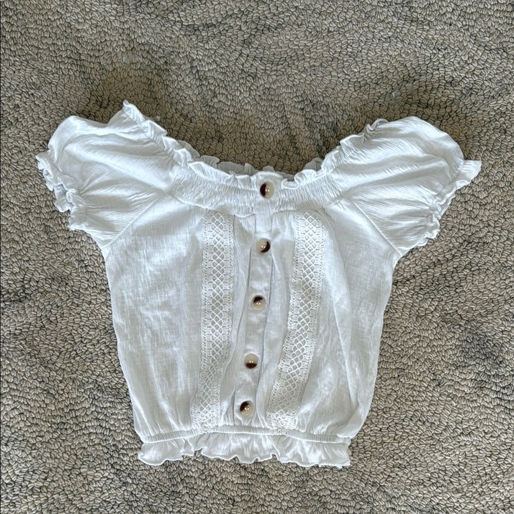 Tahari Girls White Ruffled Cropped Blouse with Button Detail